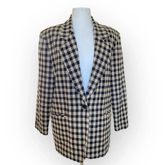 Westbound Jackets & Blazers - Vintage Wool Checkered Academia Oversized Blazer Beige & Black Westbound size 12